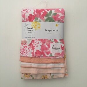 NEW 5 Burp Cloths 100% Organic Cotton Floral Pink White | Burt’s Bees